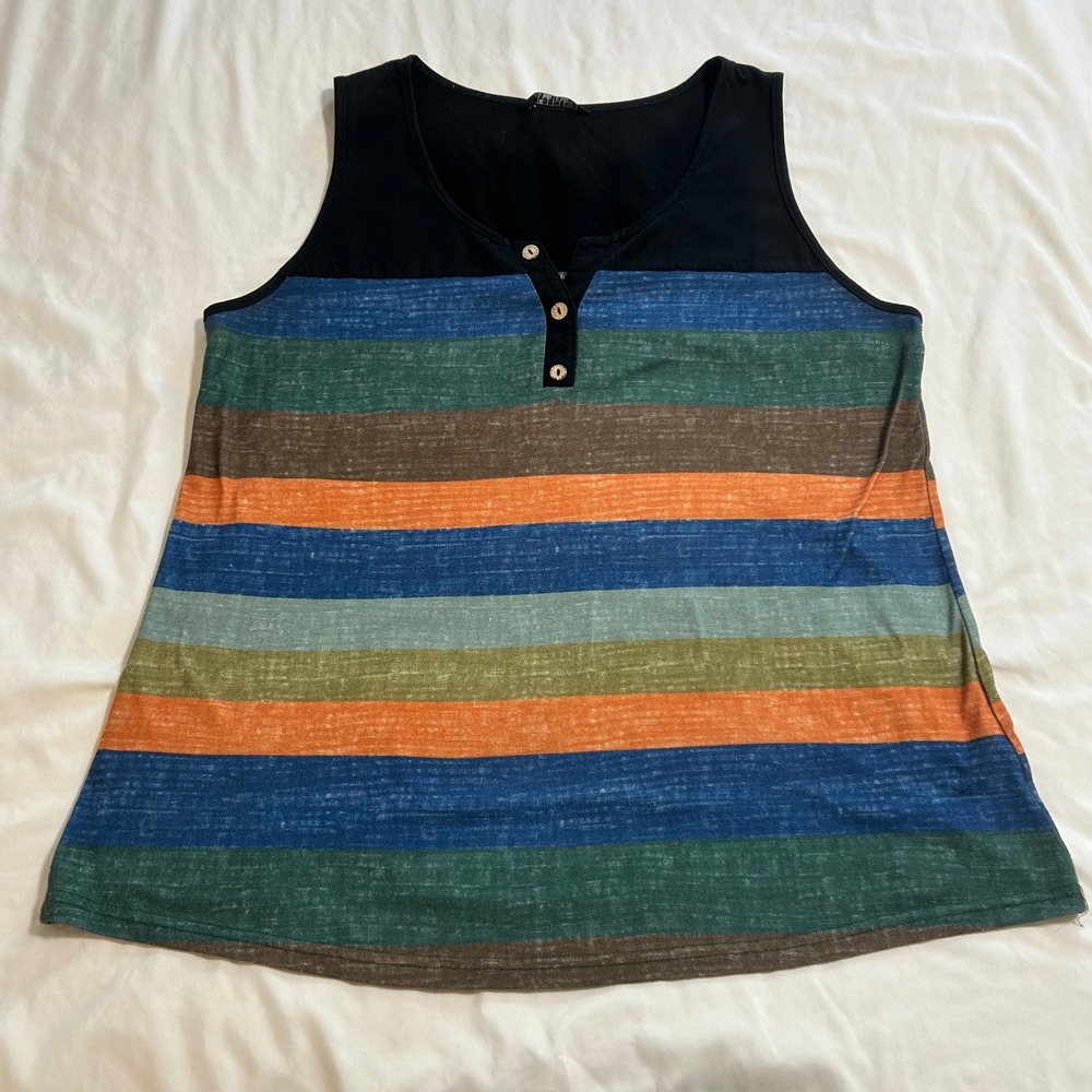 BloomChic Womens Striped Henley Tank Top Black Blue Orange US 12‎